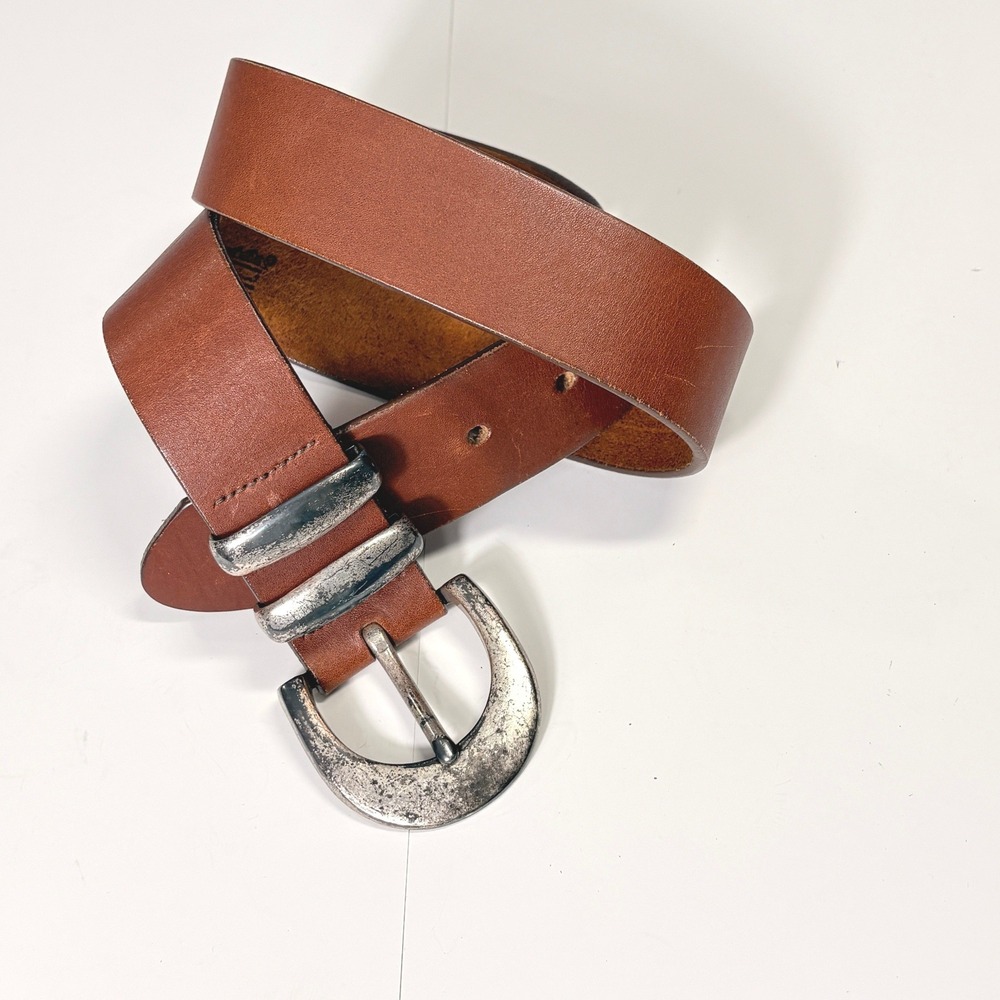Vintage Womens Brown Leather Belt M Distressed Silver Buckle Boho Western USA‎